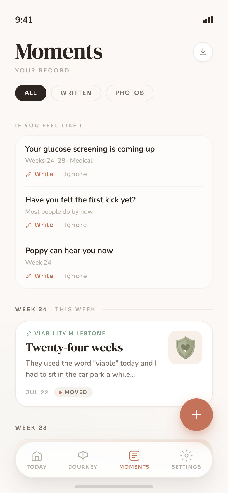The Moments tab — a private record of saved notes and photos